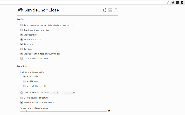 SimpleUndoClose：撤销恢复还原最近关闭的标签 Chrome插件图片