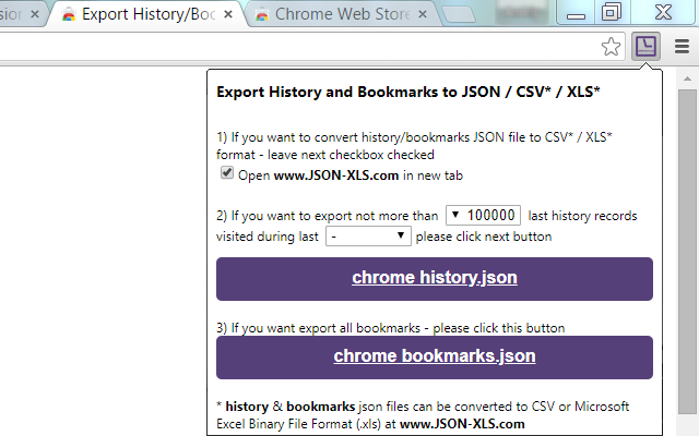 Export History/Bookmarks to JSON/CSV*/XLS* v1.9插件图片