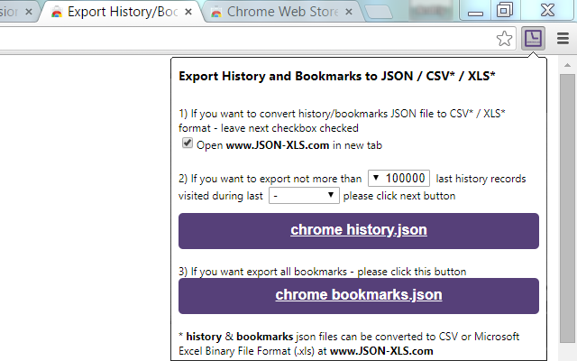 Export History/Bookmarks to JSON/CSV*/XLS* v1.9 Chrome插件图片